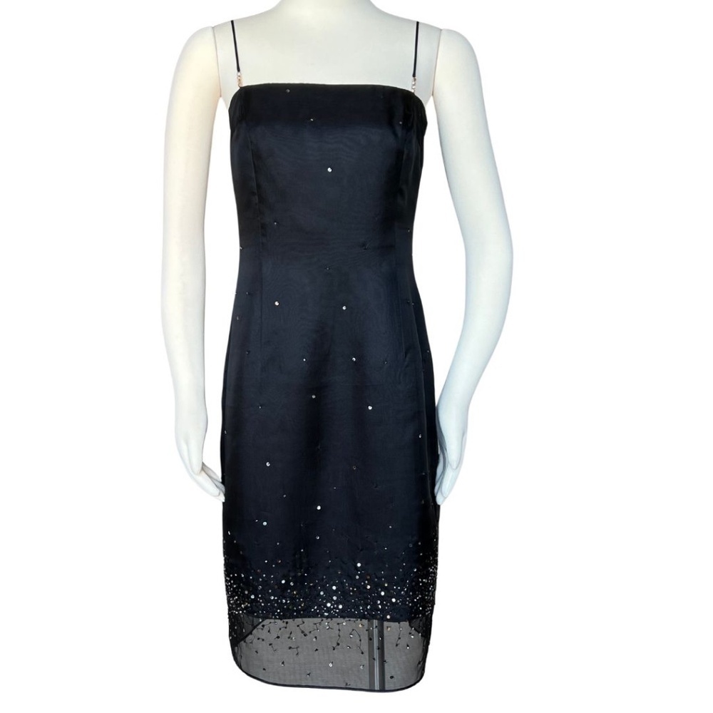 Laundry By Shelli Segal Black Silk Dress W/Sheer Chiffon Sequined Overlay Sz 10